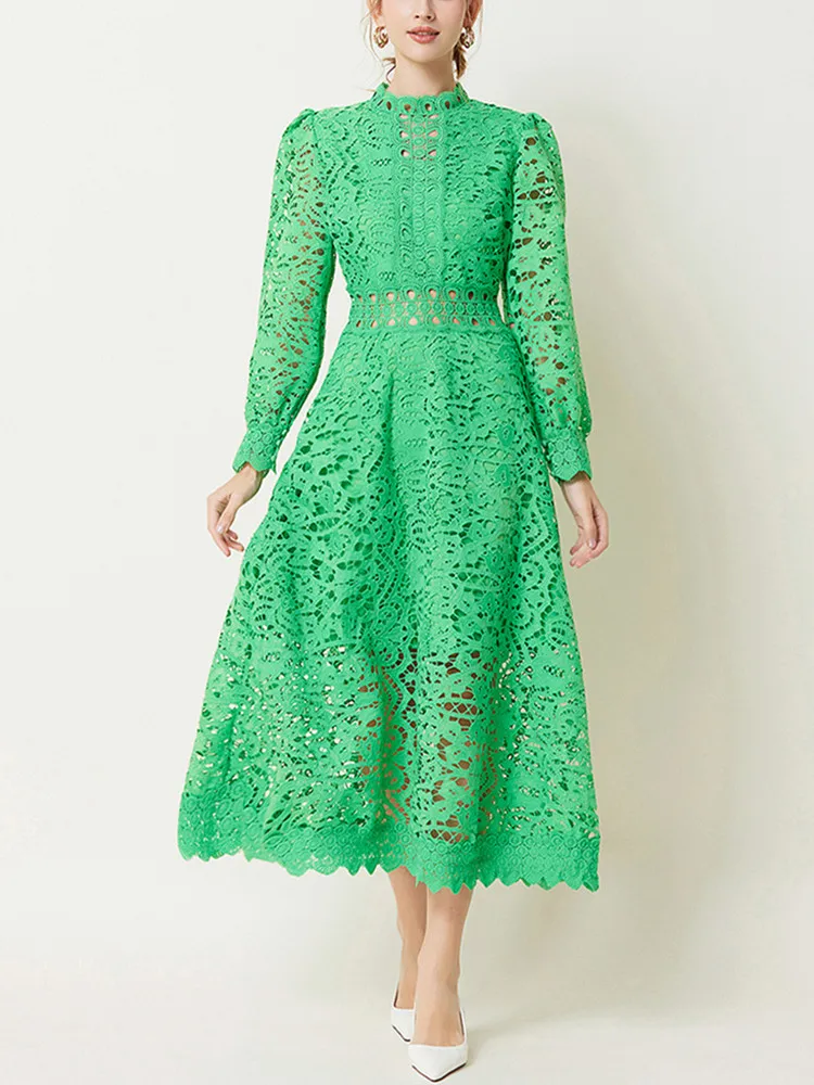 

Spring Fall Vintage Hollow Out Solid Temperament Lace Dress For Women Stand Collar Long Sleeve High Waist Elegant Dresses Female
