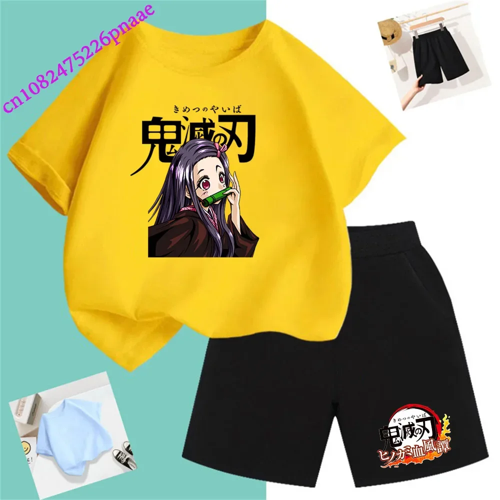 Demon Slayer t shirt Fashion Summerdress2024 Short Kid Short T-shirt Baby Tee Sets Fashion Casual O-neck Breathable KawaiiShorts