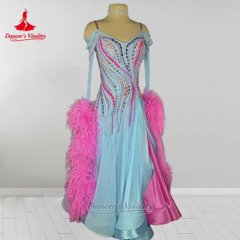 Standard Social Dance Pearl Decoration Dew Shoulder Wrapped Hips Dresses Customize Dancer's Vitality Adult Waltz Feather Attire
