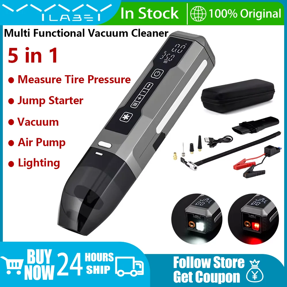 

5-in-1 Multifunctional Car Vacuum Cleaner 6000Pa with Air Pump Tire Pressure Monitoring Car Emergency Start Emergency Light