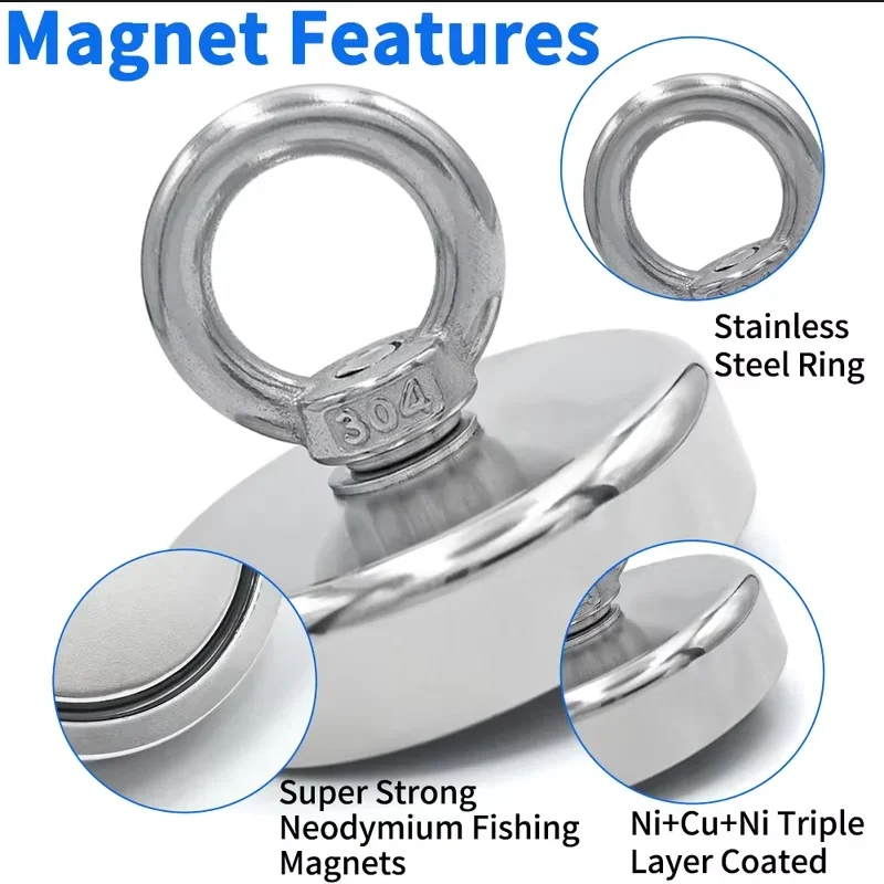 Super Strong Neodymium Fishing Magnet Hooks N52 Heavy Duty Magnet With Countersunk Hole Eyebolt 16-90mm Salvage Searcher Magnets