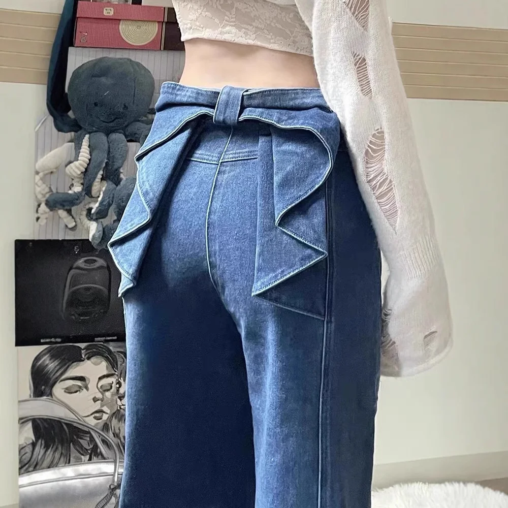 Franse stijl strikjeans Veelzijdige damesbroek met hoge taille en rechte pijpen Klassiek blauw High Street losse denimbroek met wijde pijpen