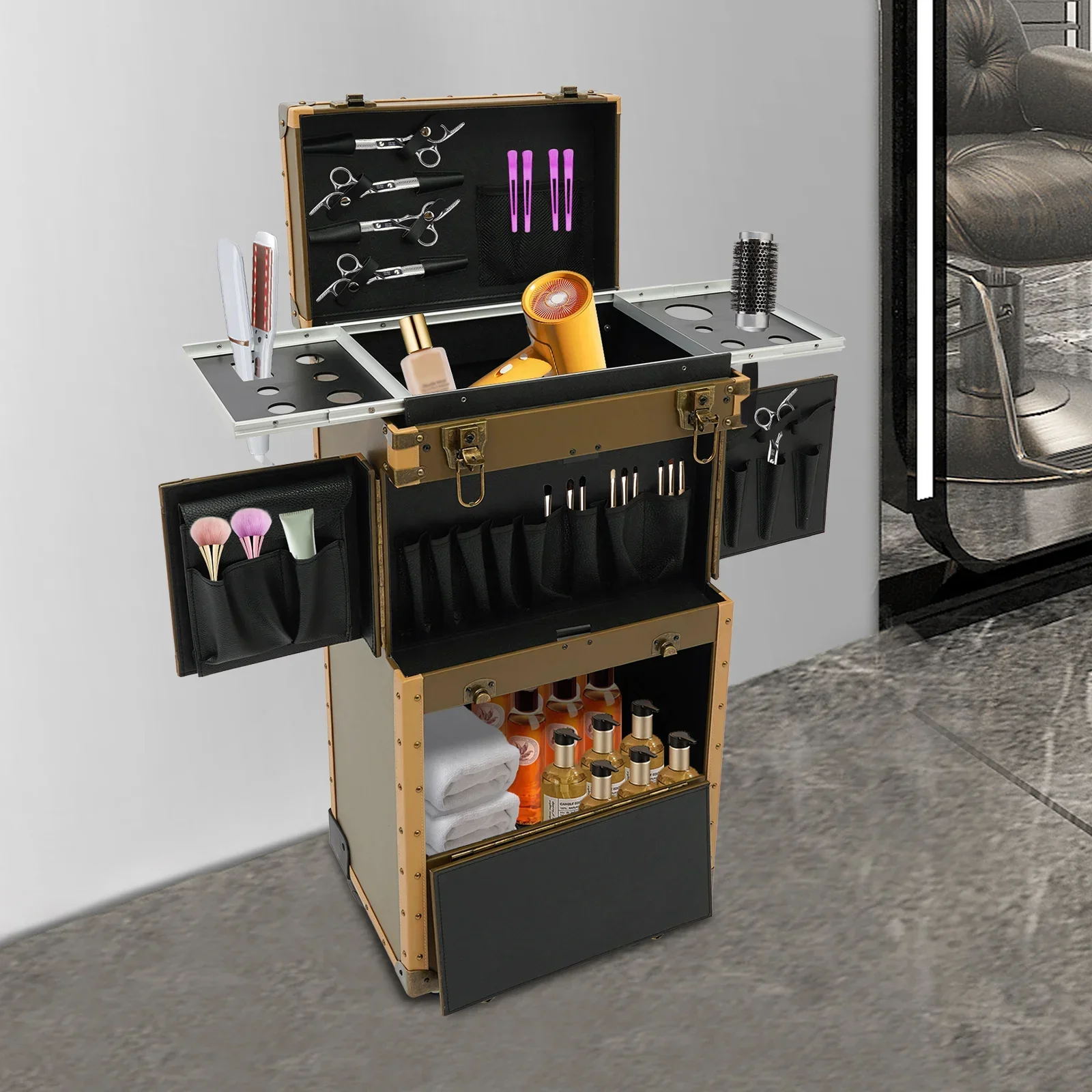 Estuche de peluquería punk dorado duradero: cerraduras con contraseña móvil para una organización segura de herramientas de salón