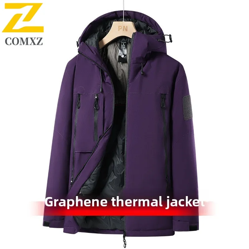 

COMXZ Men Graphene Winter Jacket Windproof Waterproof Mountaineering Coat Outdoor Work Parka Detachable Hood Multi-Pocket Design