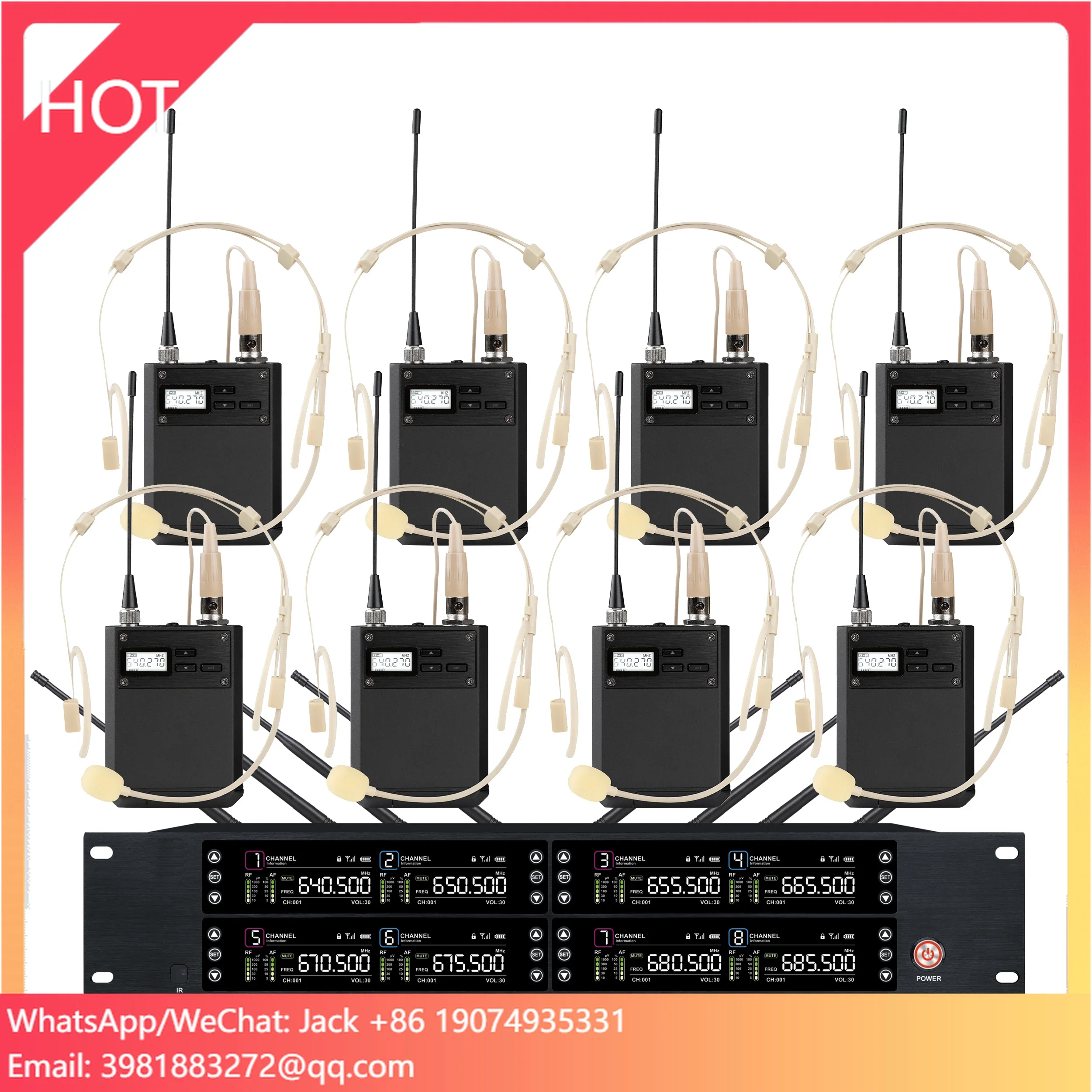 

UHF Professional Wireless PLL Microphone 8 Channels Lavalier Headset Bodypack Microphone
