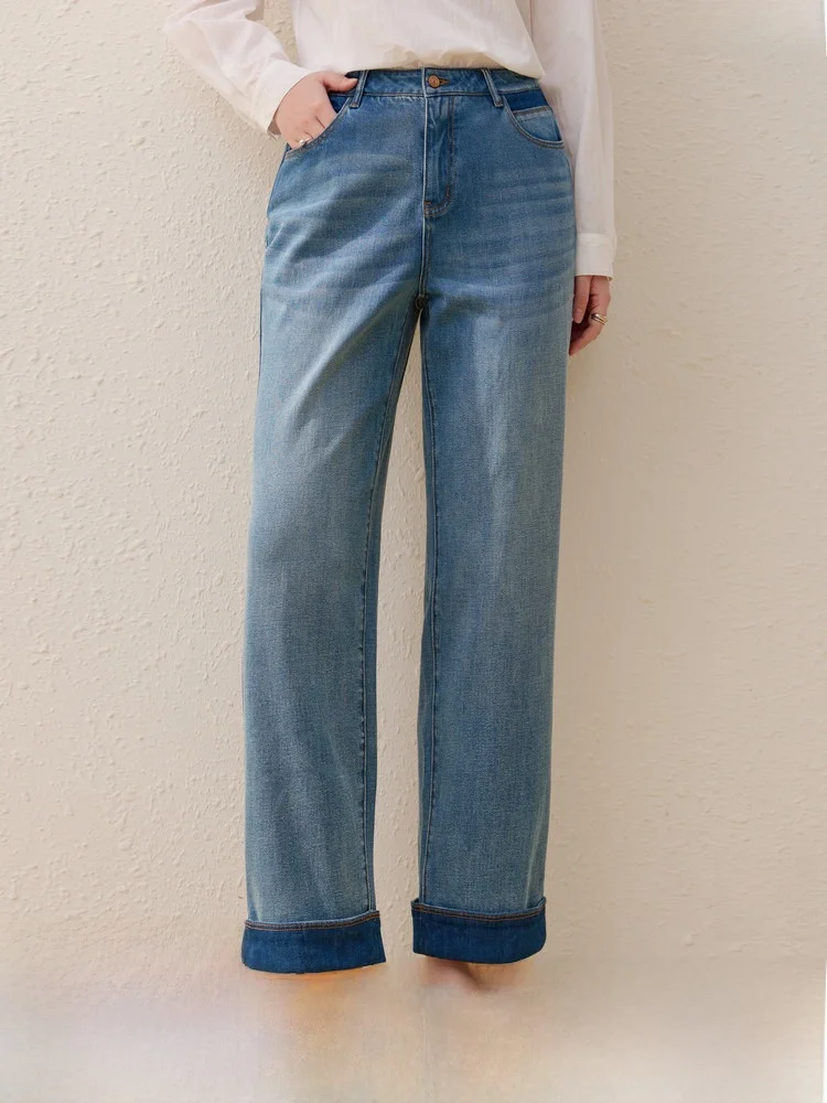 

Slimming Nine-Five High-Waist Straight-Leg Jeans for Plus-Size Women Personalized Cuff Korean Style Spring New Arrival