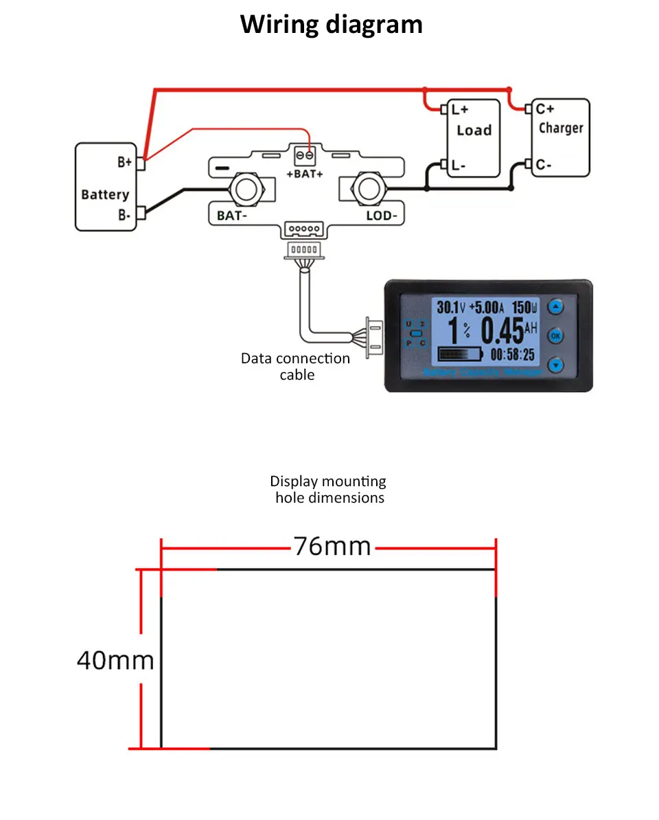 Kabelgebundener Shunt-Coulombmeter DC 8-120V 100/200/300/500A Energiemessgerät Batteriekapazitätstester Niederspannungsalarm LCD-Amperemeter Voltmeter – Detail 11