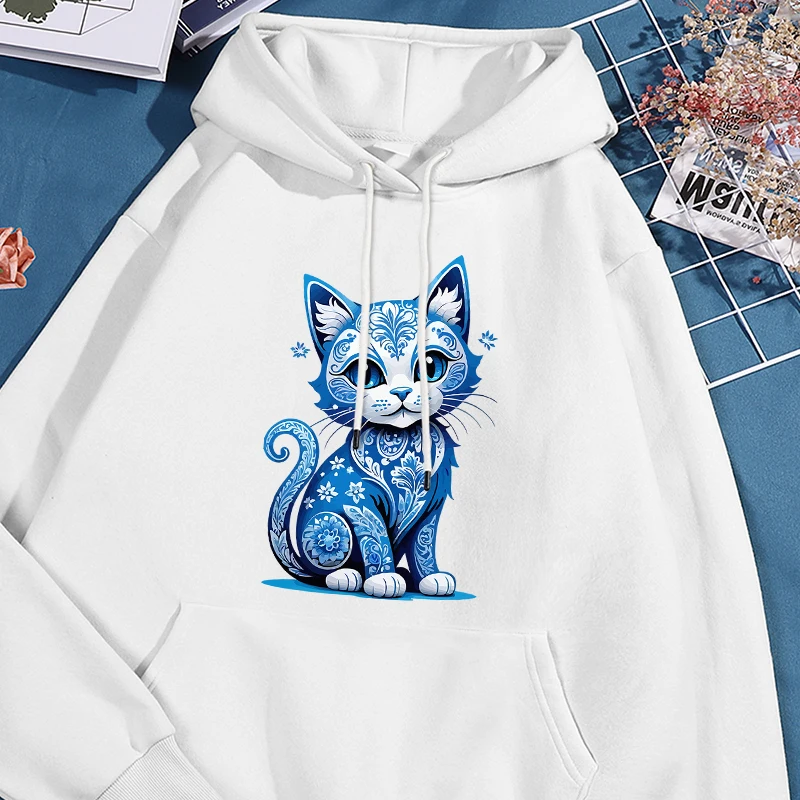 

Cute Blue Cat Print Male Sweatshirts Harajuku Fleece Hooded Fashion Casual Drawstring Hoodies Loose Oversize Pocket Tops Men