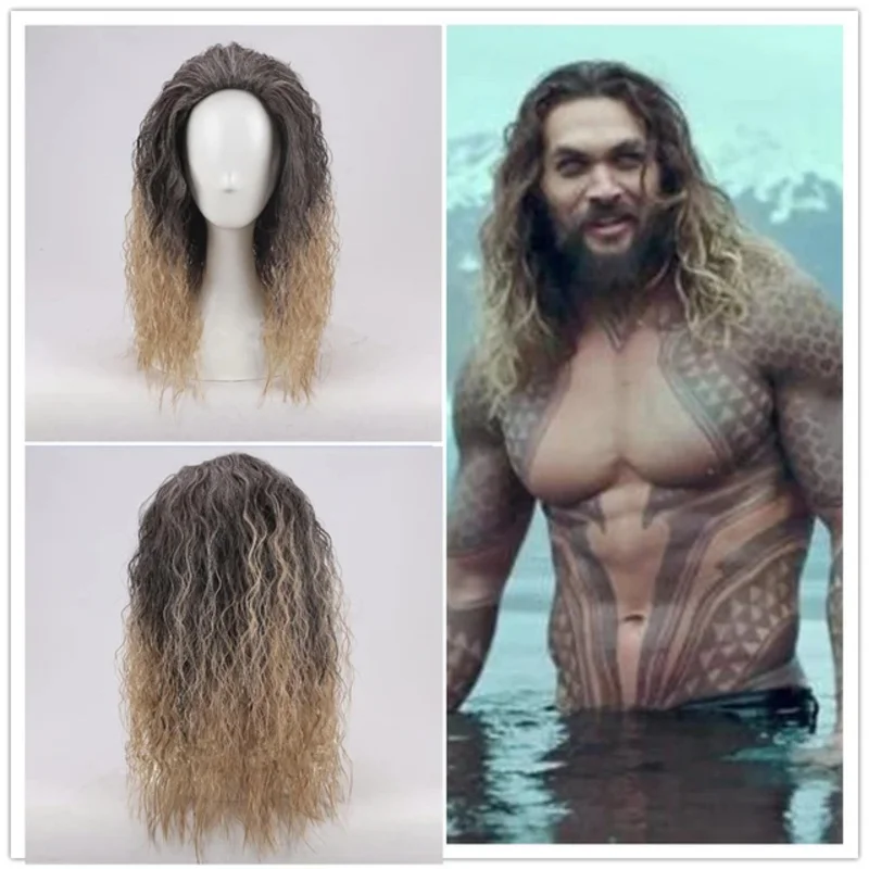 دييدي 2025 2025 hhhAquaman Aquaman دور اللعب بوسيدون الشعر الاصطناعية الهزلية تأثيري حلي مجعد الباروكات جيسون موموا + قبعة شعر مستعار