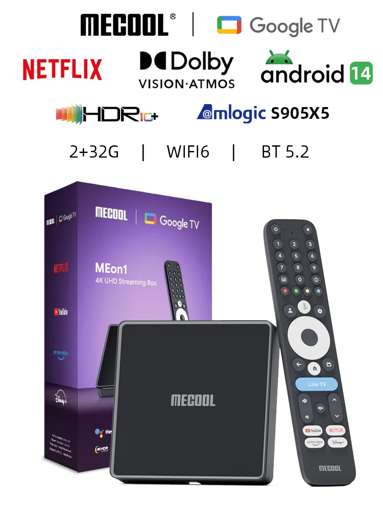 

ТВ-приставка MECOOL S905X5M с сертификацией Netflix, Android 14, Google TV, 2 ГБ ОЗУ, 32 ГБ ПЗУ, Wi-Fi 6, Dolby Vision Atmos, 4K, AI-SR, AV1, Smart TV Box
