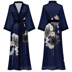 Japanese Style Half Sleeve Kimono Bathrobe Gown Female Long Robe Nightgown Sleepwear Loose Satin Print Flower Home Dressing Gown