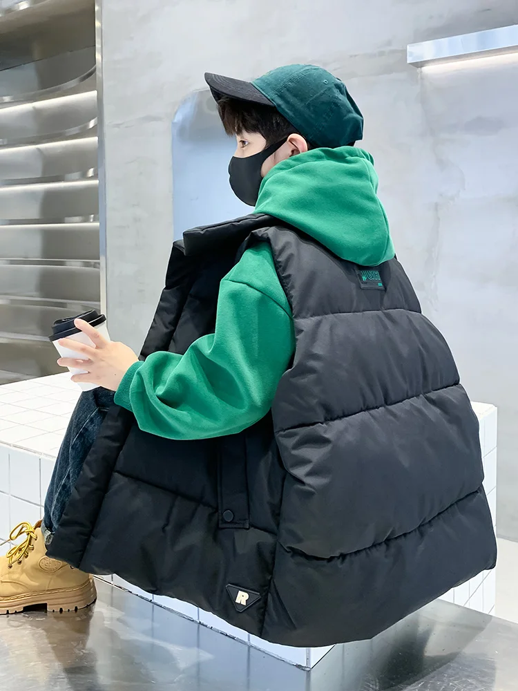 

Boys' Winter Thiened down Cotton Vest Warm Outerwear Jaet Youth Faion Loose Fit Teenager Casual Side Zipper Pure Color