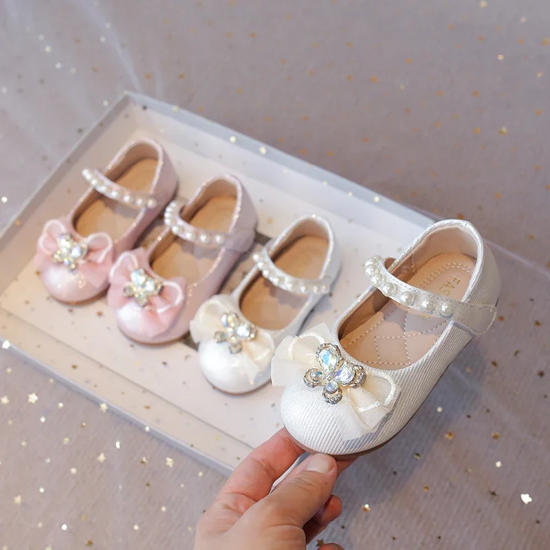 Toddlers Girls Leather Shoes with Crystal Butterfly Kids Dress Shoes for Wedding Party Children Princess Flats Bow-knot Sweet