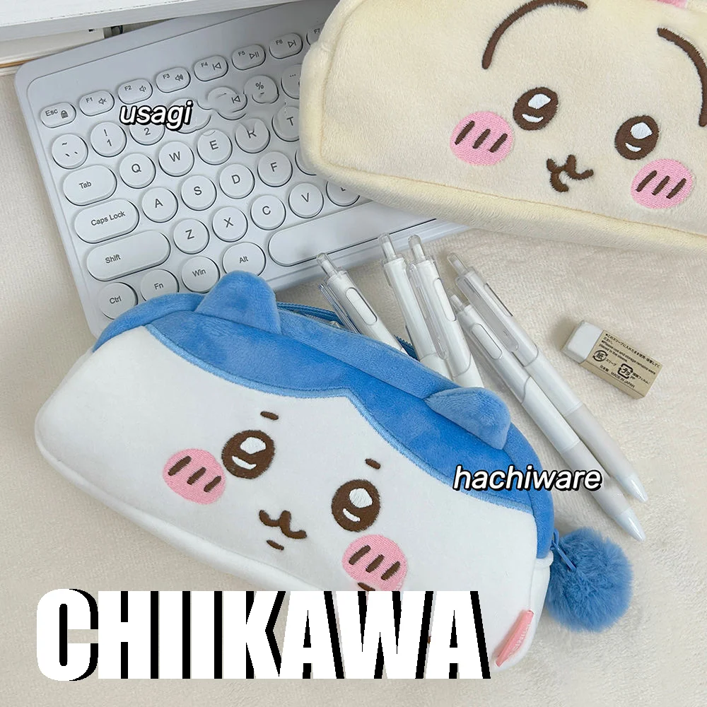 Chiikawa-Double étui à stylo en peluche série co-marquée, sac de rangement de maquillage rose, joli cœur girly, beurre périphérique, cadeau pour enfants