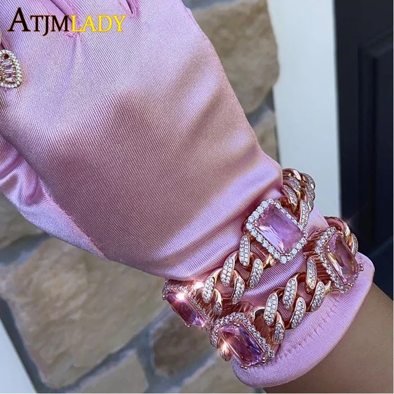 Iced Out Cuban Link Chain Bracelet for Women Men Rose Gold Color Bling 12mm Pink CZ Bangle Jewelry Luxury