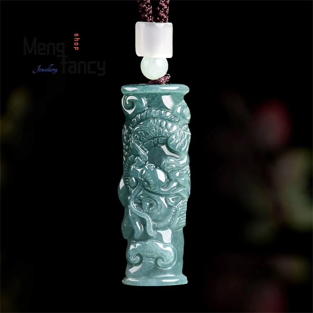 

Genuine Natural A-Grade Jadeite Blue Water Three-Dimensional Dragon Pillar Zodiac Ice-Type Jade Pendant Popular Fashion Jewelry