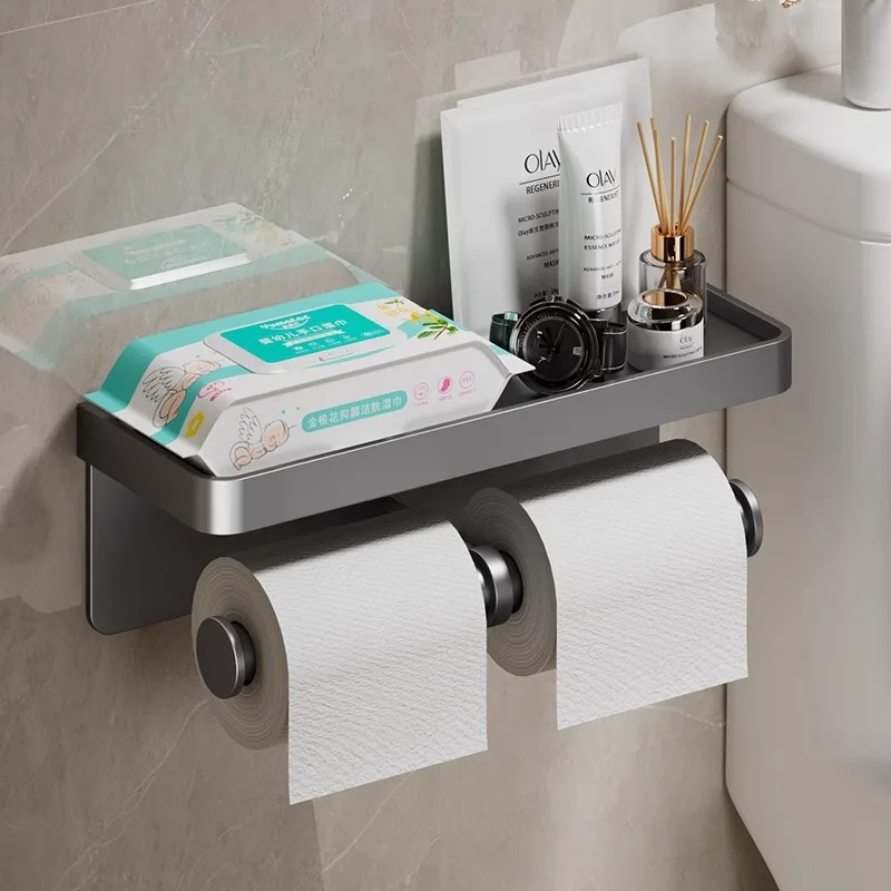 

Grey Toilet Paper Holder with phone holder Milk CreamTissue Paper Holder Aluminum Paper Roll Holder With Phone Storage Shelf