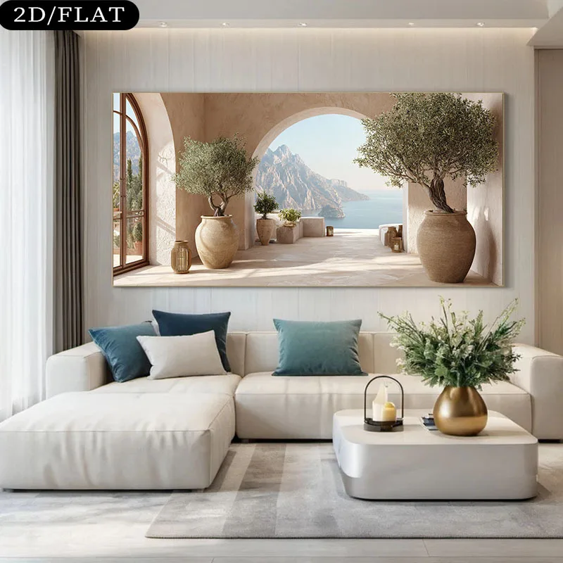 2D Flat Large Modern Coastal Sea & Olive Trees Canvas Wall Art - Frameless Mediterranean Canvas Print for Living Room Decortions