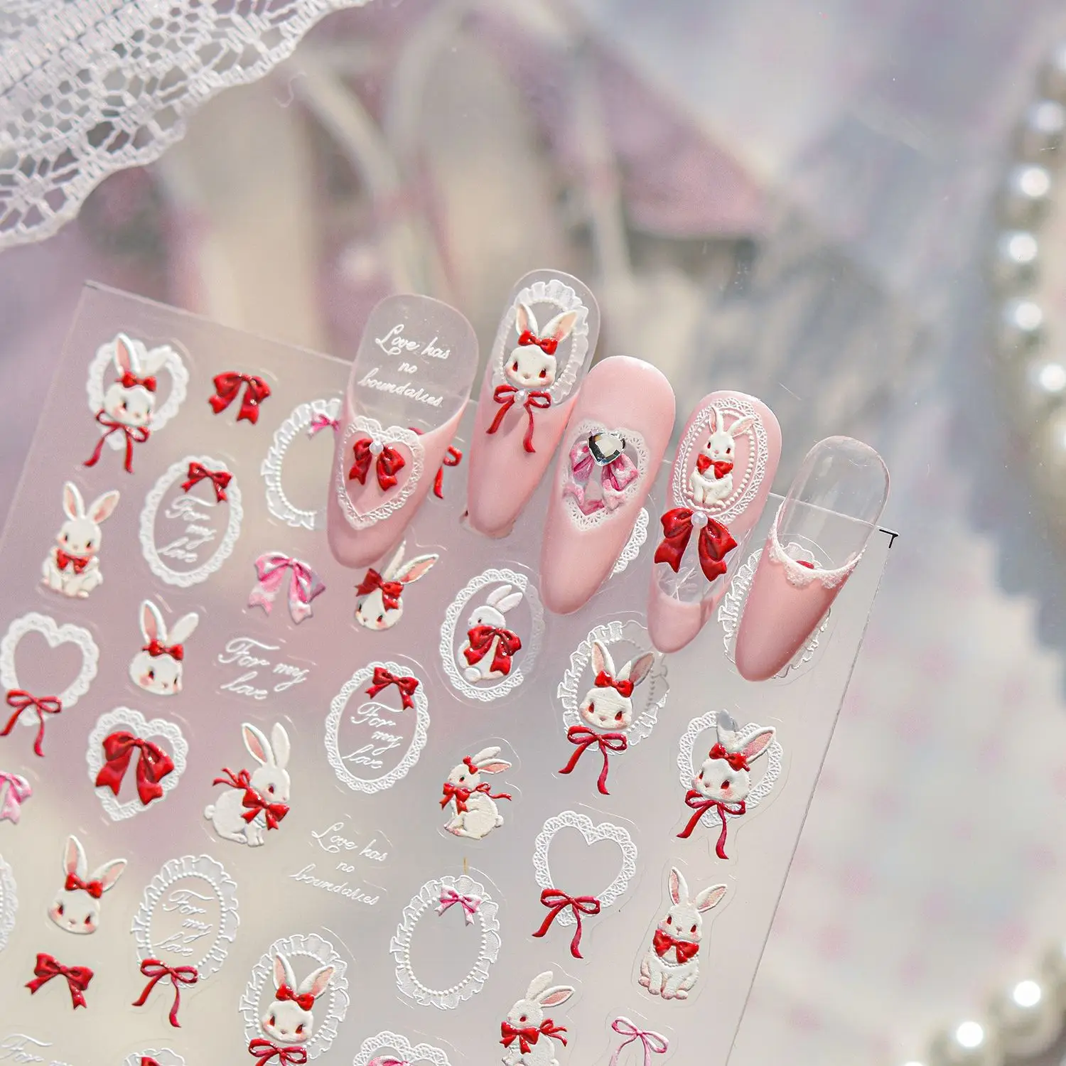 Wit konijn rode strik kant fotolijst huis cadeau aardbei bloem sneeuwvlok liefde hart nail art sticker DIY manicure