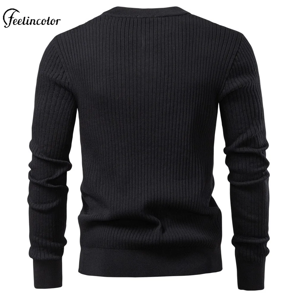 Black Ribbed Knit Men's Henley Neck Shirt Three-Button Placket Long Sleeve Shirt Slim Fit Sweatshirts Casual Daily Streetwear