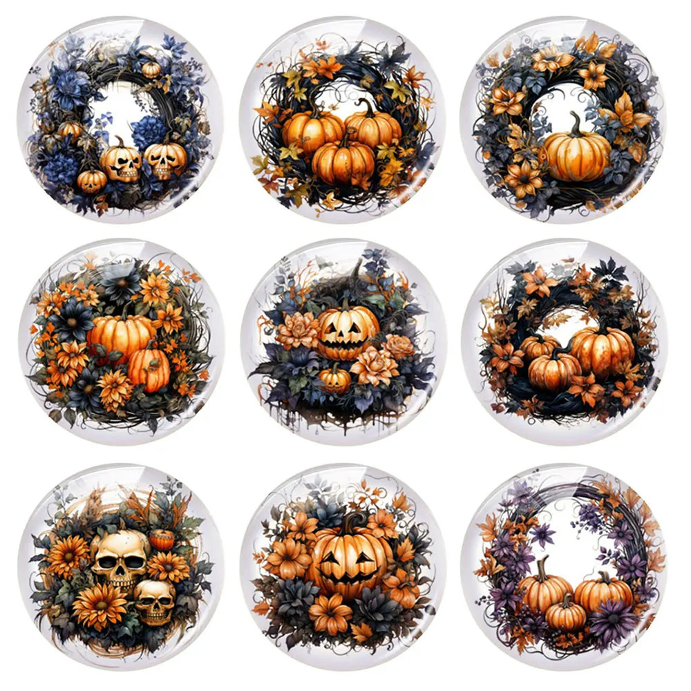 Handmade Halloween Pumpkin Face Garland Thanksgiving Photo Glass Cabochon Flatback Demo Flat Back Cameo For Diy Jewelry Making