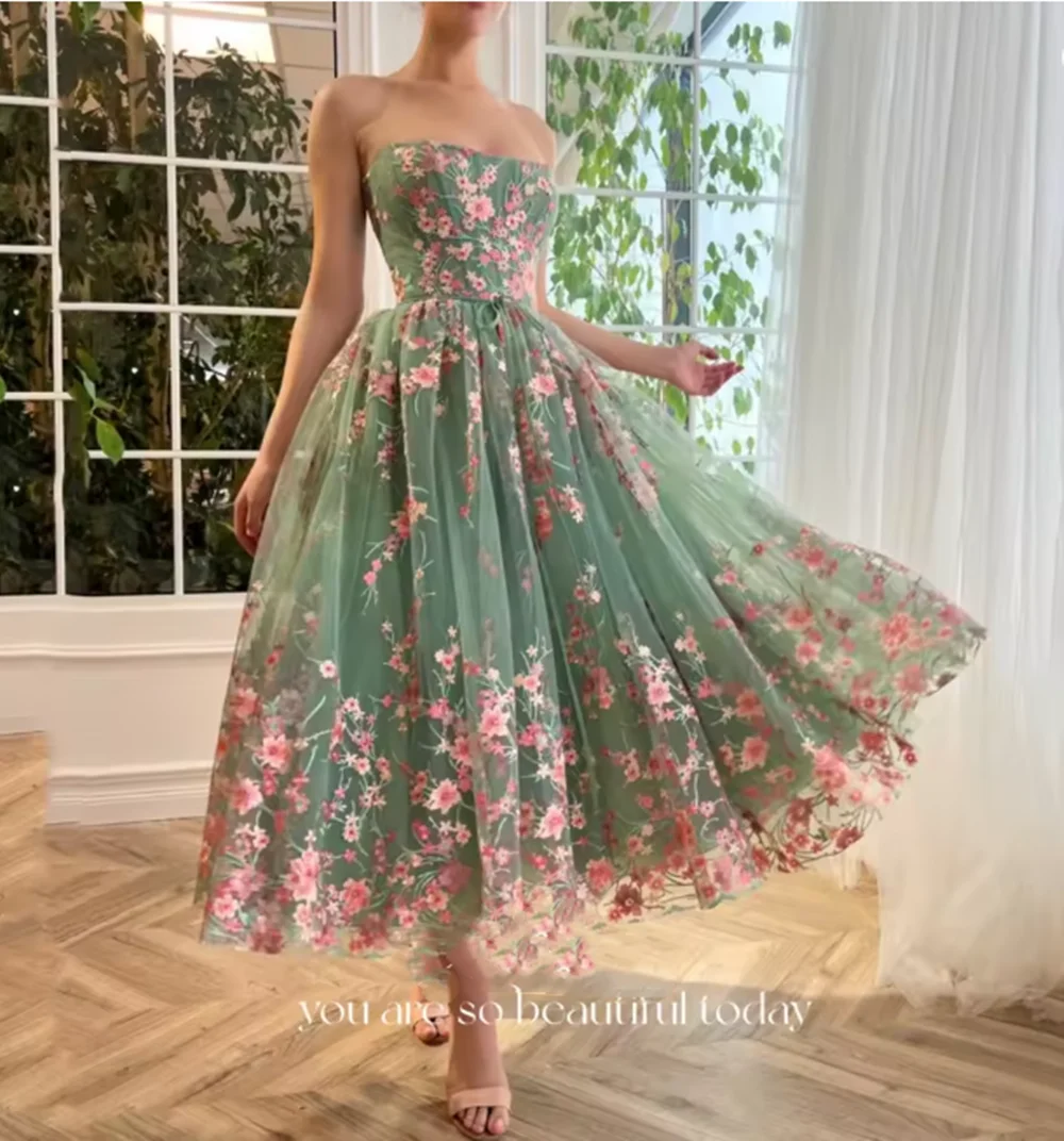 Graduation Gown Long Wedding Party Dress Women Elegant Luxury Fairy Skirt Line A customized Flowers Coming of Age Ceremony Green