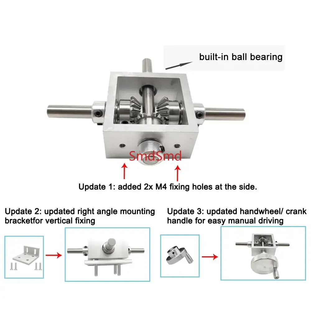 1: 1 Alloy Frame 90 Degree Right Angle Transmission Reverse Transmission Dual Output Shaft Bevel Gear Angle Converter 6MM/8MM