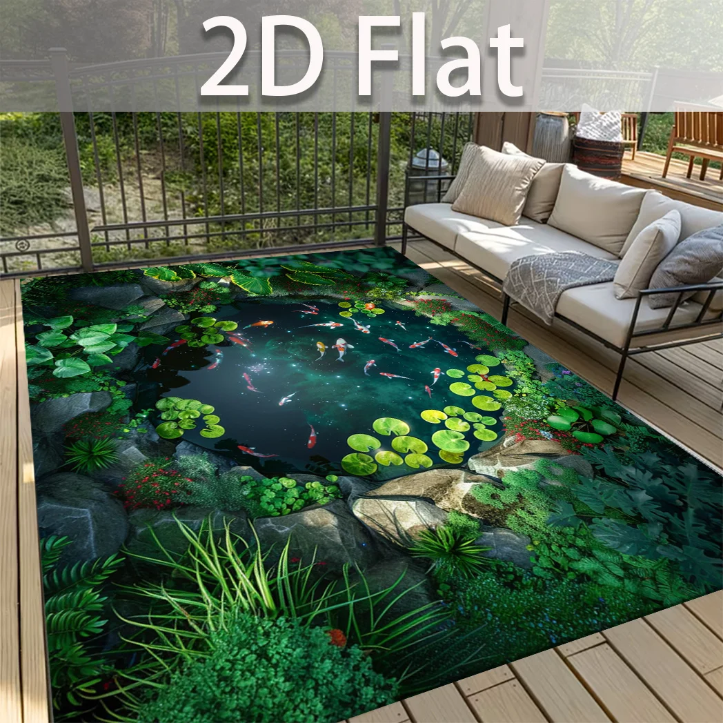 Koi Fish Pond Printed Rug, Non‑Slip Machine Washable Jumbo Rectangular Mat for Bedroom Balcony Indoor Spaces