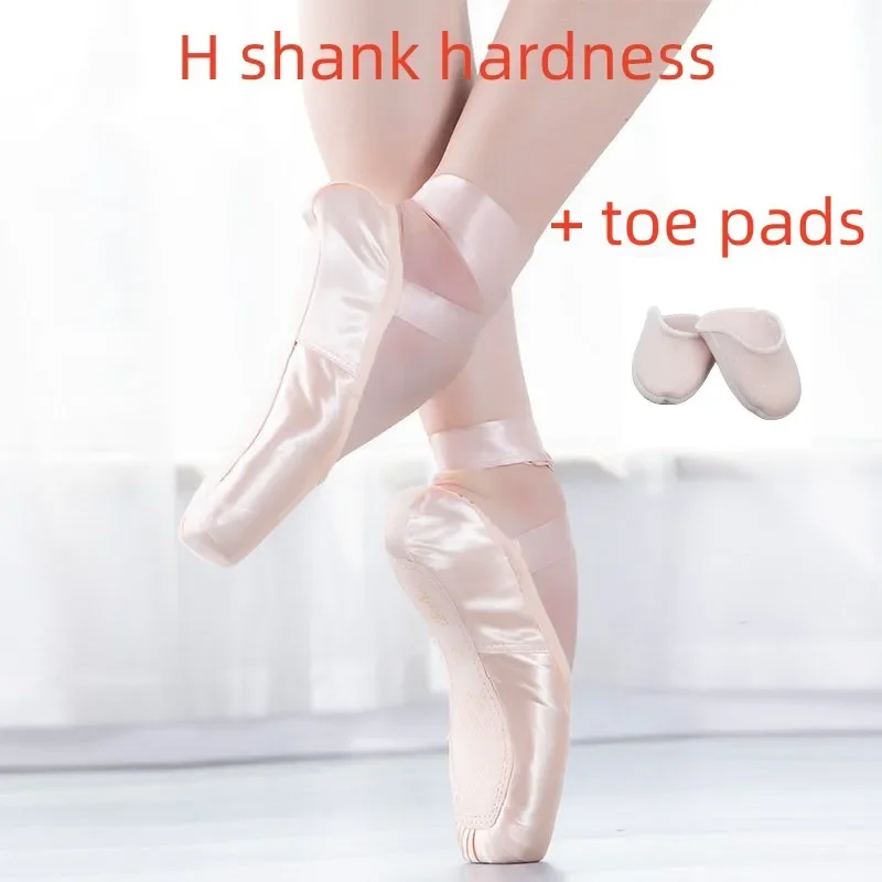 3 Shank Hardness Pink Satin Ballet Jazz Dance Sandals Ribbon Pointe Shoes Lycra Toe Pads Training Girls Women Lady Training Gym