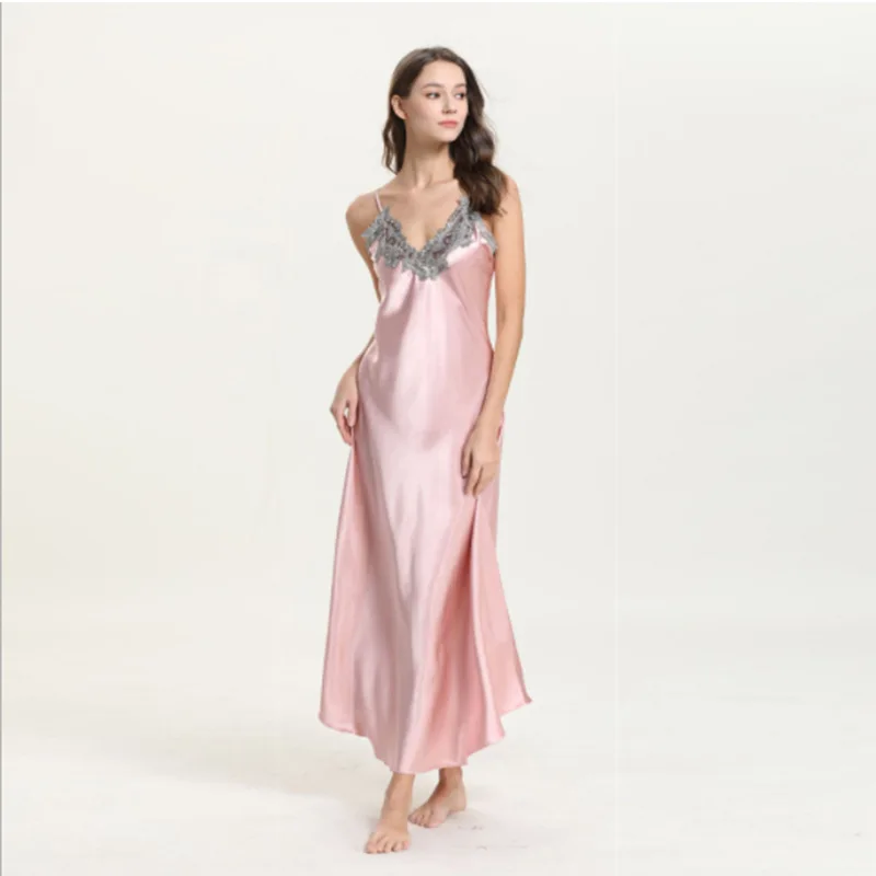 Pijama de mujer Pijamas de seda simulada Mujer, Pijama de encaje sexy con cuello en V y tirantes largos Pijamas Ropa de descanso Pijama