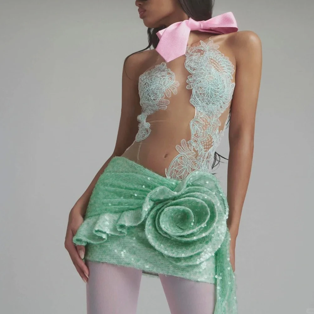 Fashion Spaghetti Straps Lace Sheer Mesh Mini Dress Floral Ruffles Sequin Cocktail Evening Party Short Gown Sexy Outfits Women