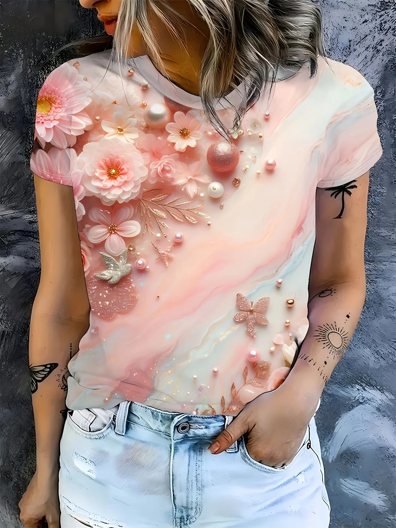 Women T‑shirt Short Sleeve 3D Pearl Floral Butterfly Marble Texture Art Graphic Print O‑neck Casual Daily Summer Fashion Tee Top