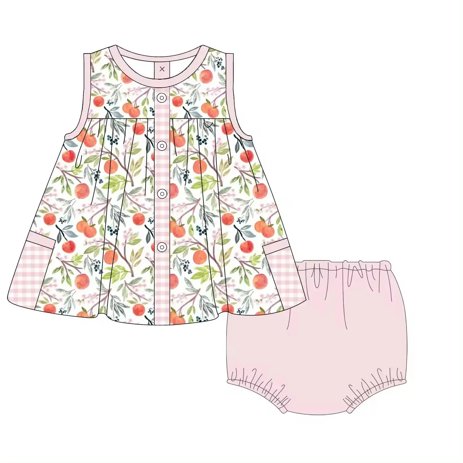 New Summer Boutique Sleeveless Button Peach Print Pocket Shorts Elastic Girls Boys Plaid Shorts Set Baby Romper Dress