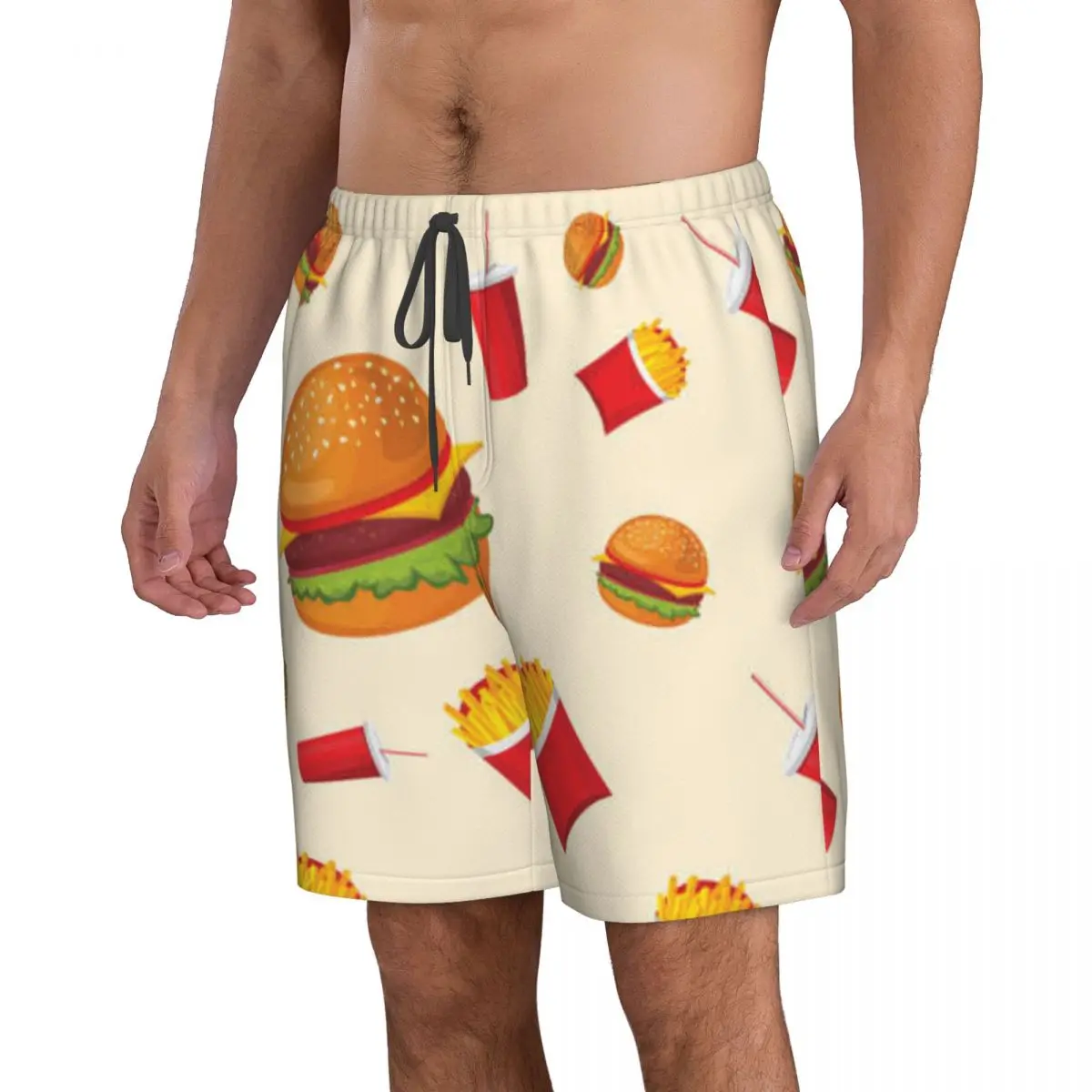 Bañador para hombre con patatas fritas, coca-cola y hamburguesa, ropa de playa