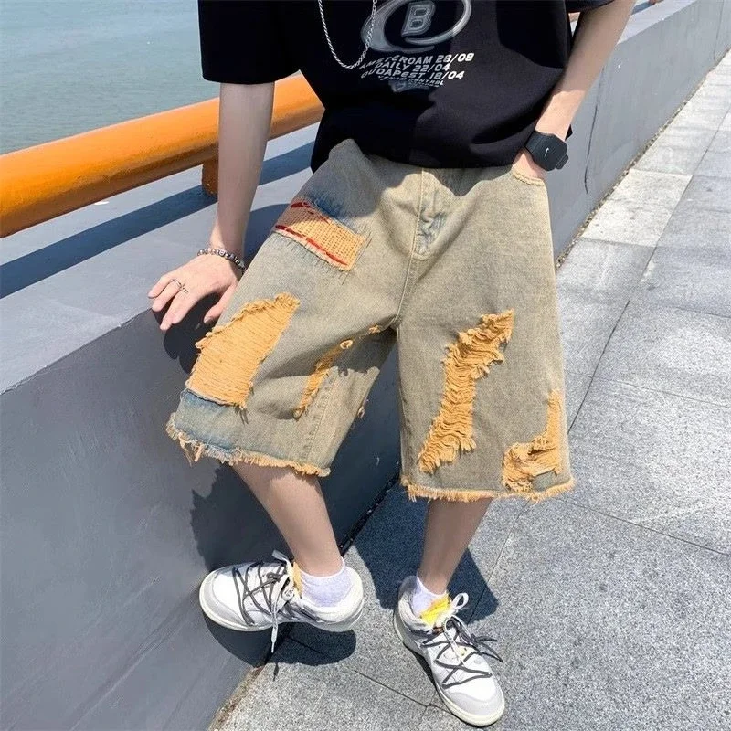 Pantaloncini di jeans da uomo larghi Pantaloni jeans corti da uomo Bermuda semi larghi strappati con tasche Cowboy lungo allentato Novità in Rude Emo Cut Xl