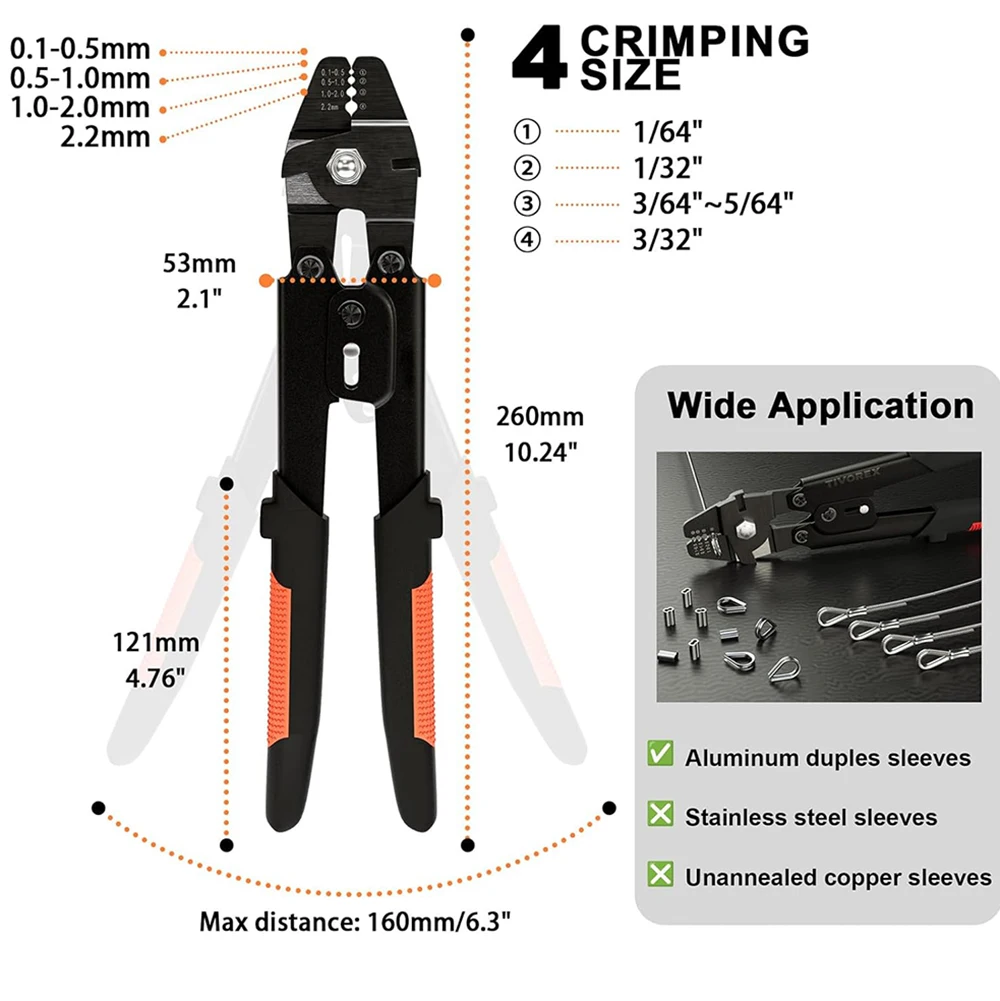 Wire Rope Crimping Tool, Swager Tool for Aluminum Crimping Loop Sleeves up to 2.2mm, 1/64in to 3/32in Cable Crimper