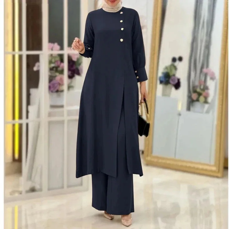 ปุ่มด้านข้างเสื้อกางเกงขากว้างชุดเจียมเนื้อเจียมตัวมุสลิม 2 ชิ้น Abaya ชุดธรรมดาแขนยาวดูไบ Eid ชุด PLUS ขนาดสูง Fit