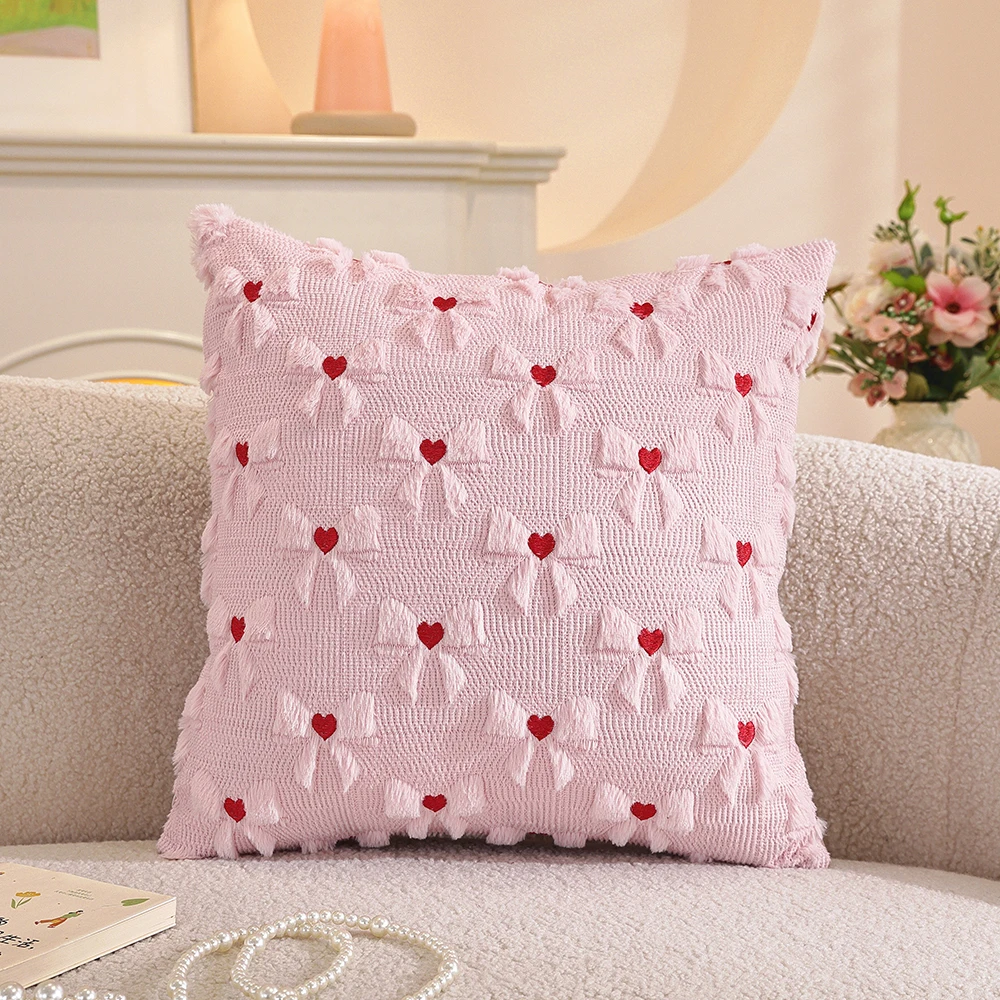 Bow Heart Decorative Throw Pillow Covers 45x45CM Faux Fur Jacquard Cushion Cover Valentines Day Pillowcases for Sofa Couch Home