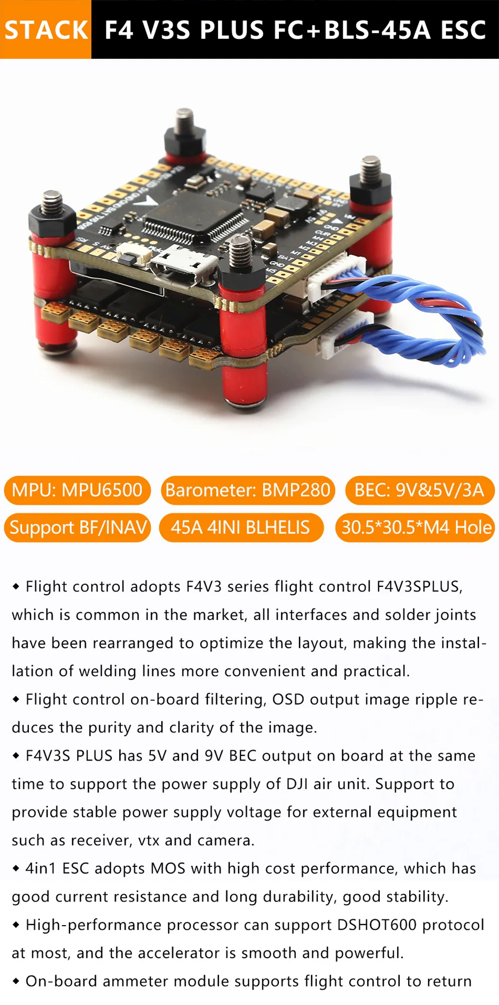 YSIDO NEW F4 V3S PLUS Flight Control FC Support BetaFlight/INAV BLS-45A/60A 4in1 ESC Stack For RC FPV Drone Plane Quadcopter