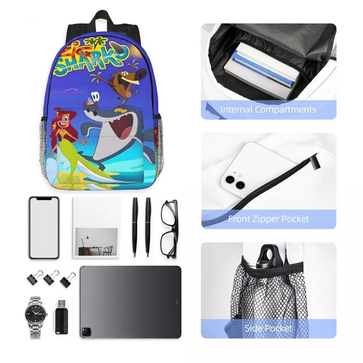 Zig En Sharko Bedrukte Lichtgewicht Casual Schooltas Voor School, Buiten, Winkelen, Kantoor 15Inch