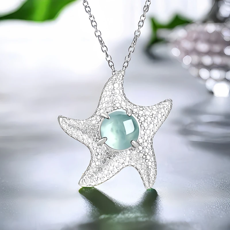 

Blue Myanmar Jade Starfish Pendant Necklace Real Burmese Jadeite Charm 925 Silver Vintage Gemstone Designer Natural Jewelry