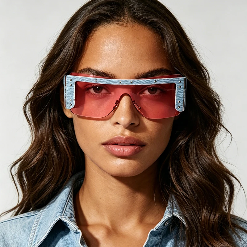 y2k Rivet Rimless Blue Jeans Sunglasses Women For Men Vintage Sun Glasses Punk Luxury Brand Designer Party Conjoined Eye Glasses