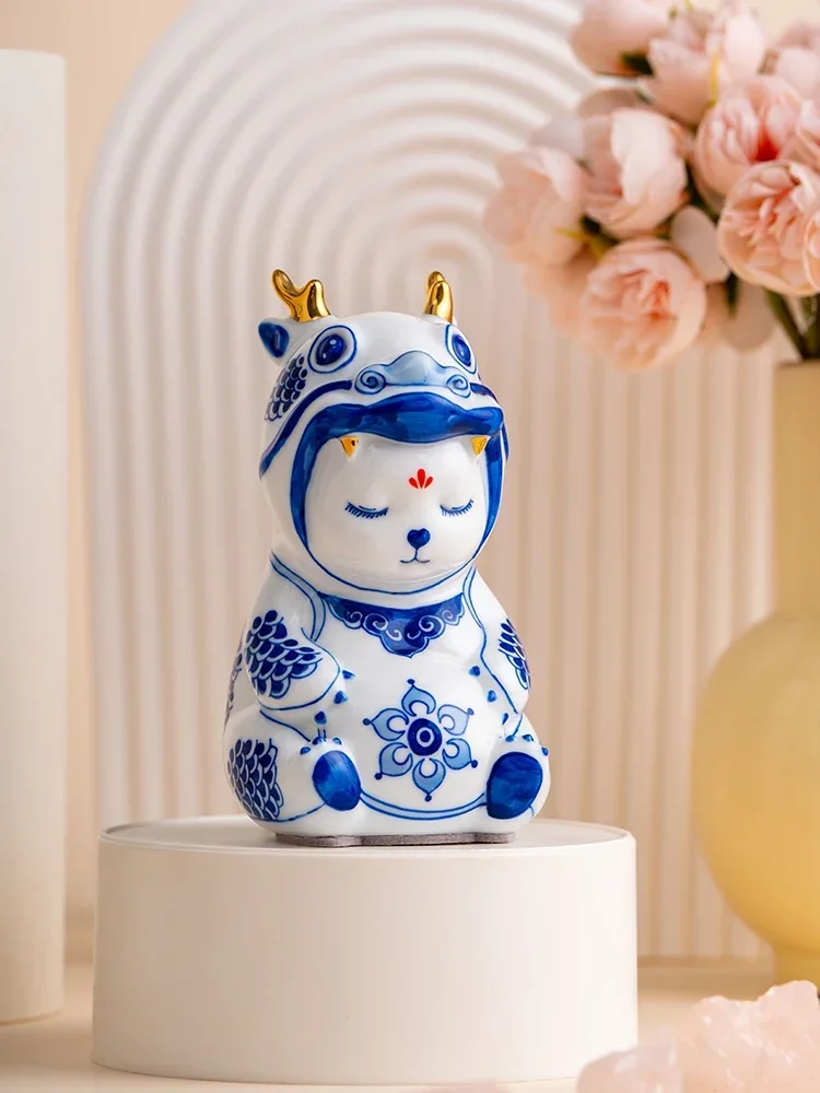 Jingdezhen Ceramic Blue and White Dragon Ornament Cute Desktop Home Decor Birthday Gift for Friends