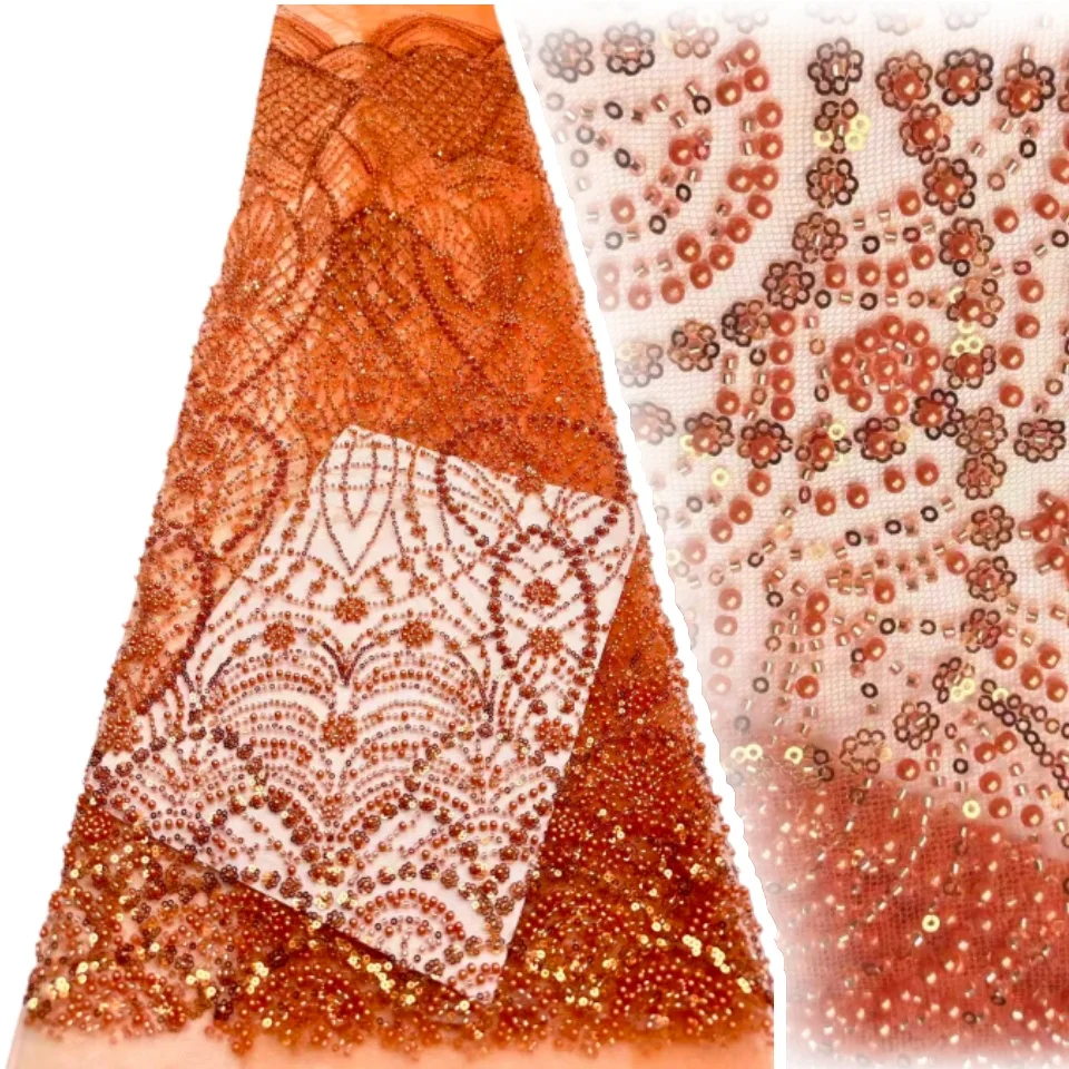 2026 Nigerian Sequins Lace Fabric Heavy Hand Beaded Luxury French Embroidery Beads for Wedding Latest Style Material 5Yards 1901