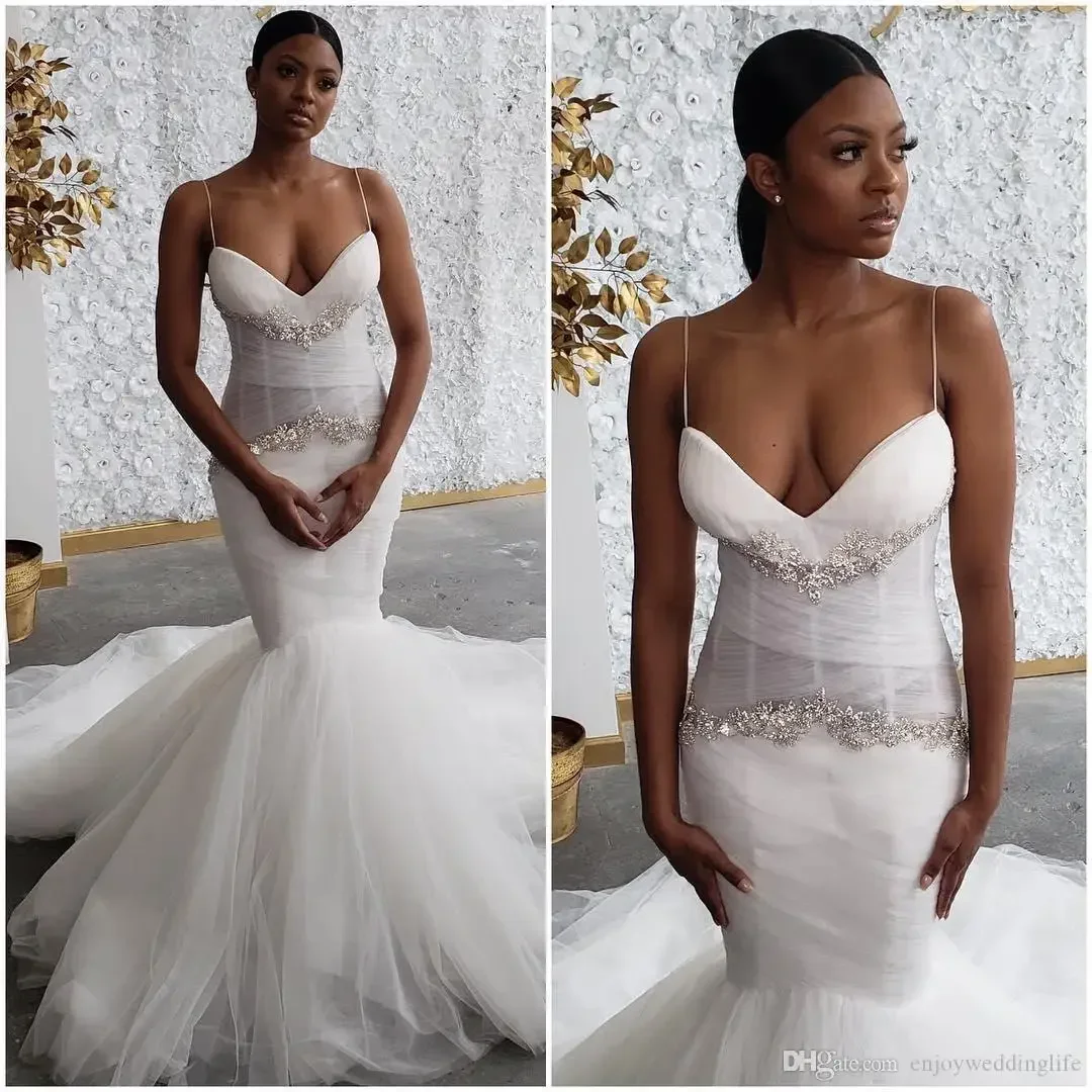 Customized Sexy Wedding Dresses Spaghetti Straps Beaded Crystals Bridal Dresses Mermaid Wedding Gowns