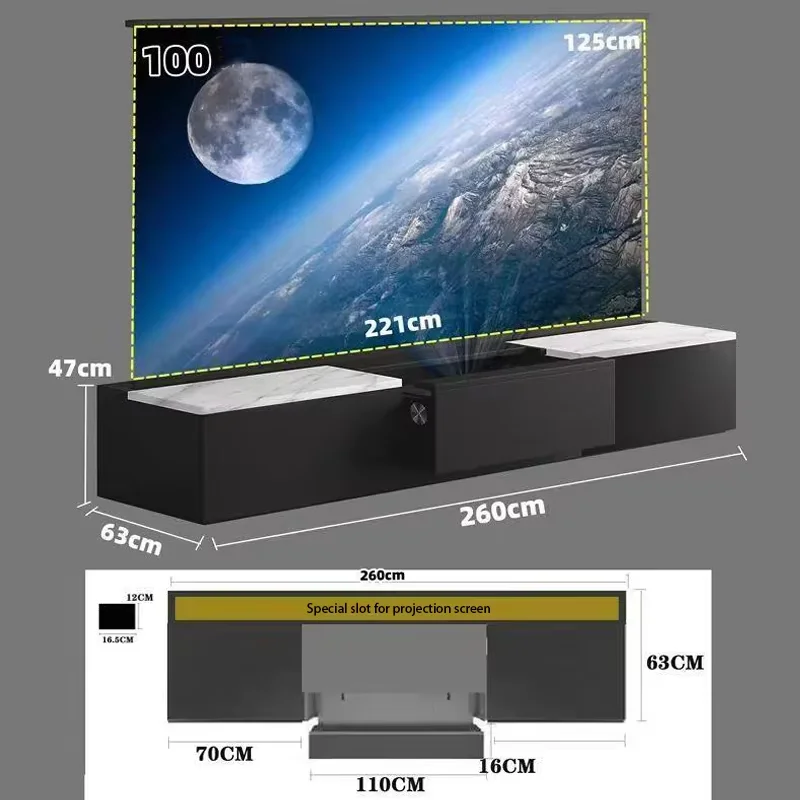 100/120 Inch Intelligent Laser TV Projector Screen 16:9 Format Motorized Floor Rising UST Electric Cabinet Screen TV Cabinet