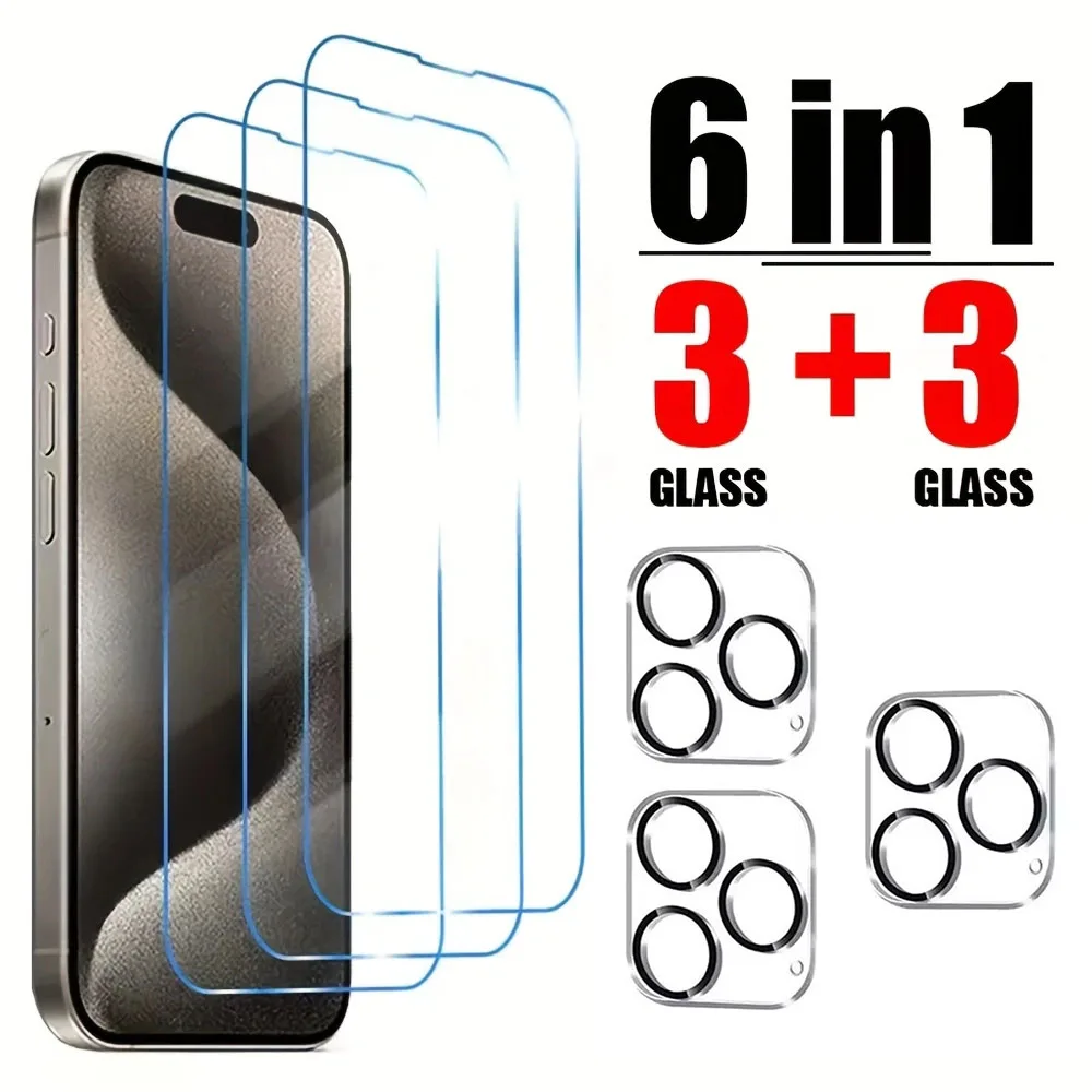 6 In 1 gehärtetes Glas für iPhone 11 12 13 14 15 Glas Displayschutzfolie Kamerafolie für iPhone 17 16 gehärtete Folie