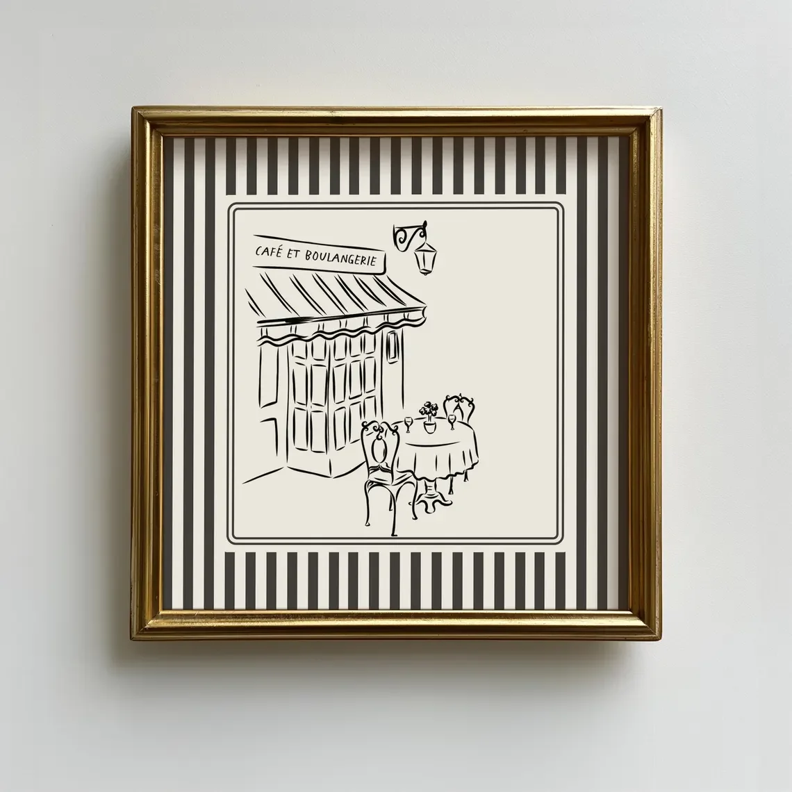 Black and White Striped French Cafe Print, Minimalist Illustration, Digital Downloads, Art Print, Gift Idea, Aesthetic