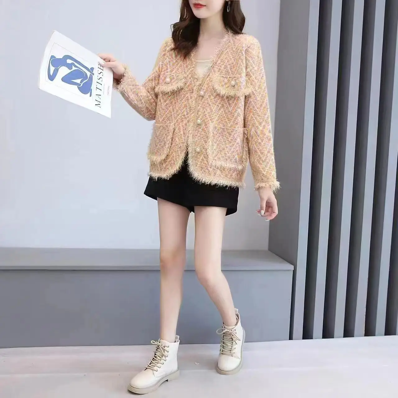 Sweater Cardigan wanita, atasan Sweater longgar kelas atas gaya Hong Kong tabrakan warna baru musim gugur dan musim dingin