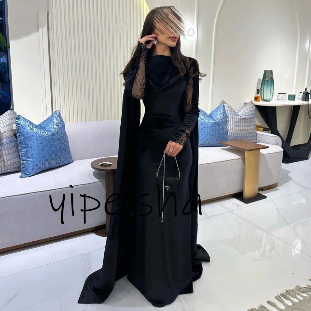 Simple Elegant Black Mermaid Evening Dresses Lace Long Prom Gowns Party Long Sleeves Luxury With Shawl Formal Prom Gown